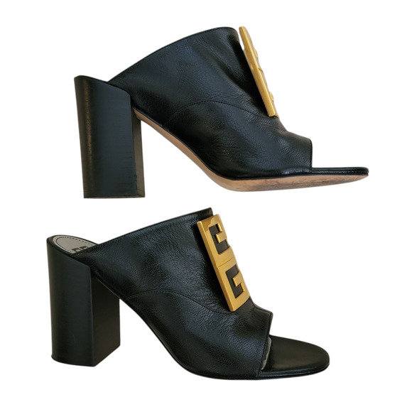 Givenchy Black Leather Logo Monogram 4G Mules Heeled Sandals 7.5 37.5 - Picture 4 of 13